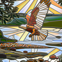 Stained Glass style, design a stained glass window of a river scene with Bunjil the wedge tail eagle gliding above a river lined with trees and grasses