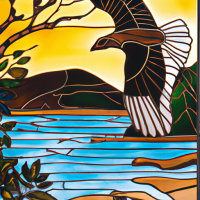 Stained Glass style, design a stained glass window of a river scene with Bunjil the wedge tail eagle gliding above a river lined with trees and grasses. there is an aboriginal campfire by thewater