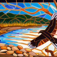 Stained Glass style, design a stained glass window arched at the top of a river scene with Bunjil the wedge tail eagle gliding above a river lined with trees and grasses. there is an aboriginal campfire by the water