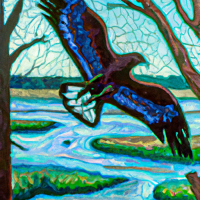 Stained Glass style, design a stained glass window of a river scene with Bunjil the wedge tail eagle gliding above a river lined with trees and grasses. 