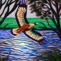 Stained Glass style, design a stained glass window of a river scene with Bunjil the wedge tail eagle gliding above a river lined with trees and grasses. 