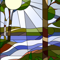 Stained Glass style, design a stained glass window of a river scene  lined with trees and grasses. 