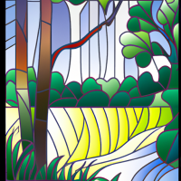 Stained Glass style, design a stained glass window of a river scene  lined with trees and grasses. 